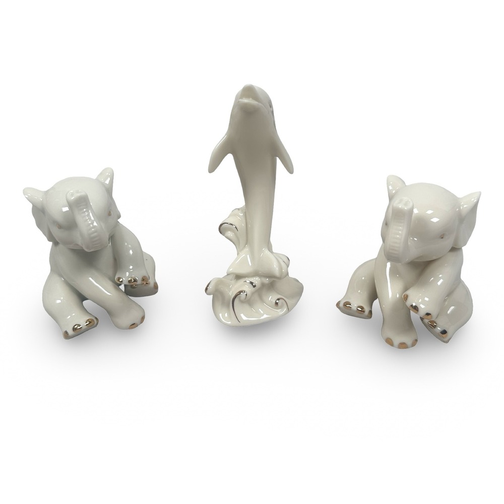 Lenox Ivory Porcelain Gold Trim Elephant Trunk Up Dolphin Figurine Set 3 Piece